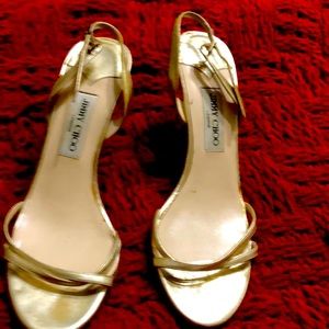 Jimmy  Choo gold satin 3.5” heels. Open toes. Great for holiday parties.
